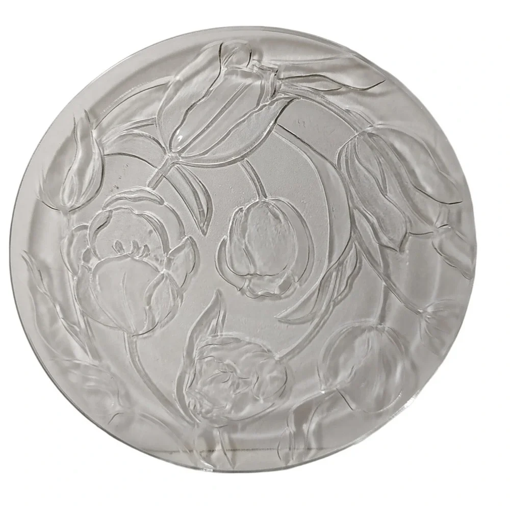 Vintage Kig Group Round Serving Platter Embossed Tulips‎ Clear Glass 13 inch SEE